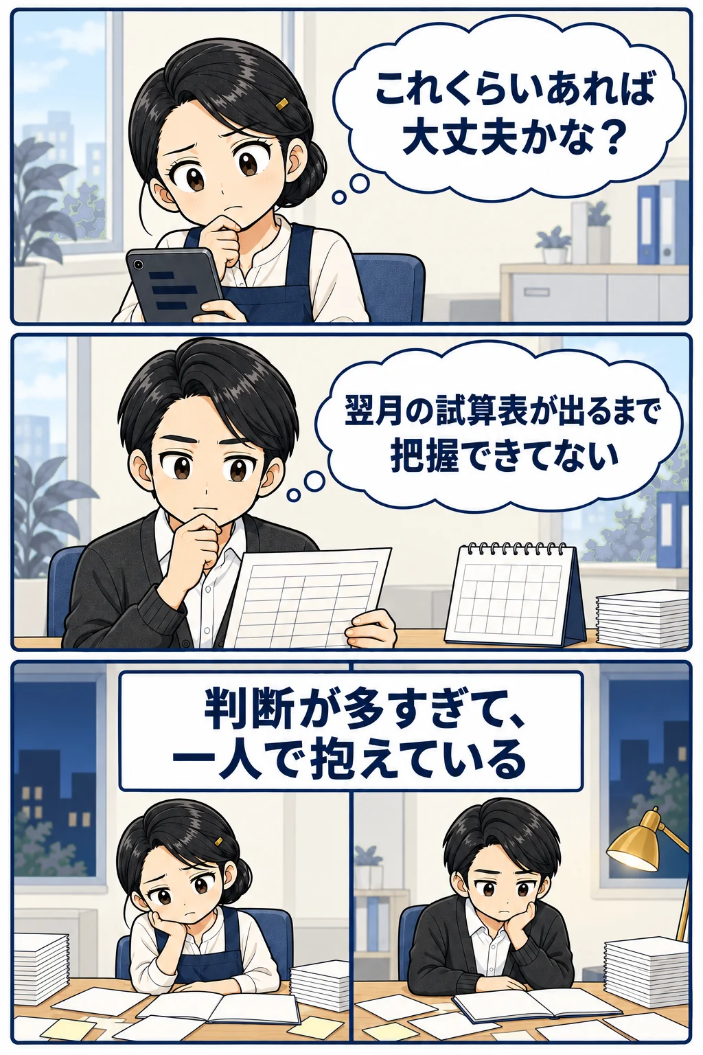 残高を見て考える社長、翌月の試算表を手に首をかしげる社長、それぞれ一人で判断を抱えている3コマの漫画